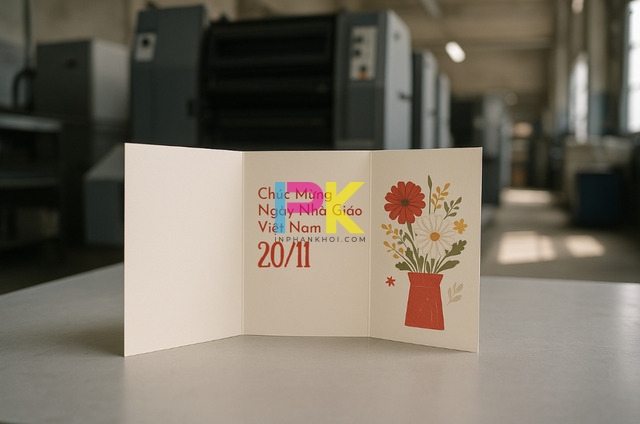 Mẫu thiệp 20/11 in tại Xưởng In Phan Khôi, trình bày 3 phần rõ ràng: lời chào, nội dung tri ân, ký tên.