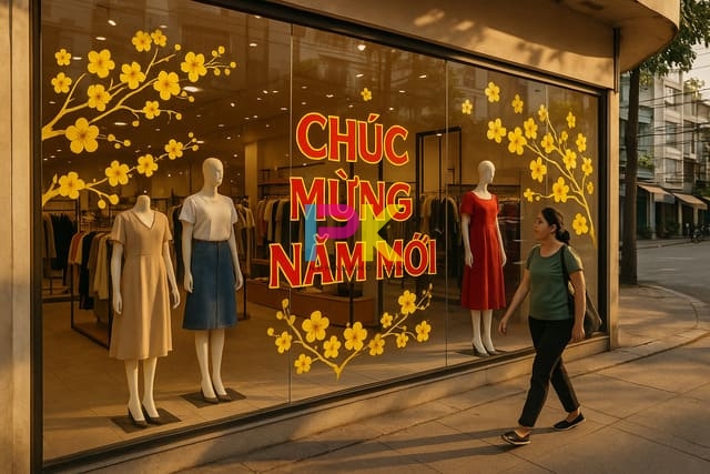 Cách bố trí decal Tết cho cửa hàng giúp mặt tiền nổi bật và thu hút khách.