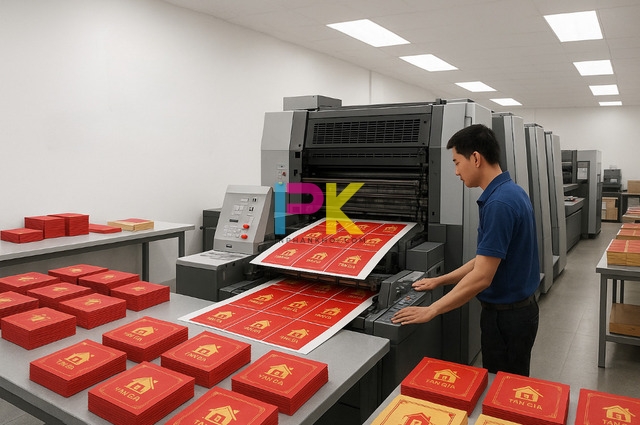 Nhân viên Xưởng In Phan Khôi đang in phong bì mừng tân gia bằng máy in offset hiện đại tại TP.HCM