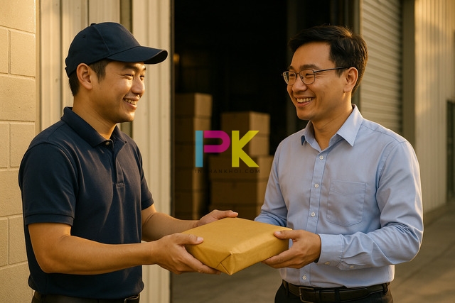 Nhân viên Xưởng In Phan Khôi bàn giao hộp phong bì thăm người ốm đã in xong cho khách tại TP.HCM