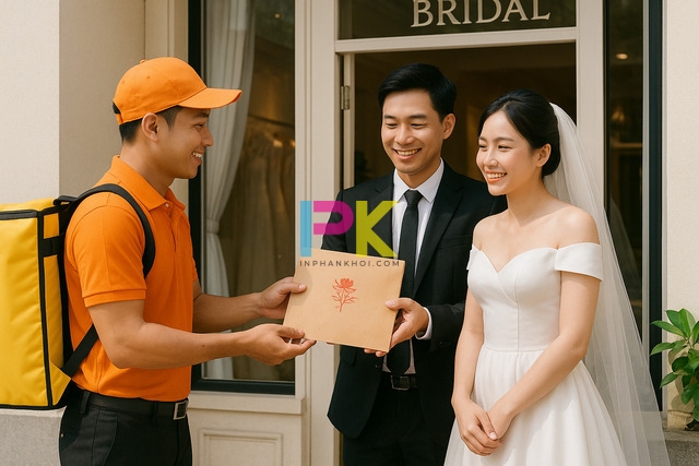 Nhân viên Xưởng In Phan Khôi giao phong bì cưới đã in xong cho khách hàng tại TP.HCM.