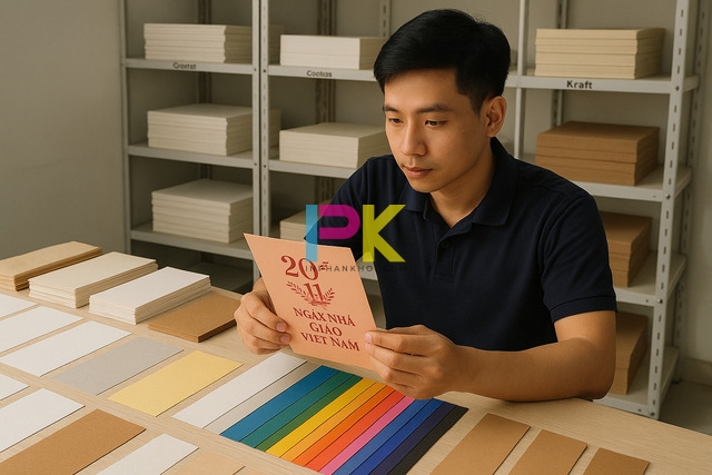 Giấy mỹ thuật và giấy kraft dùng để in thiệp 20/11 tại Xưởng In Phan Khôi TP.HCM.