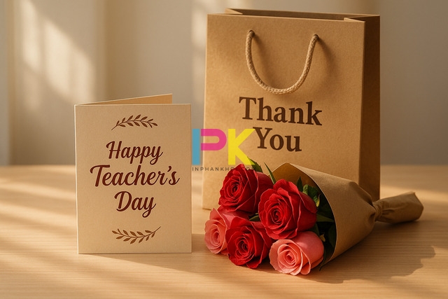 Bộ quà tặng 20/11 gồm thiệp in, hoa tươi và túi giấy thương hiệu Xưởng In Phan Khôi.