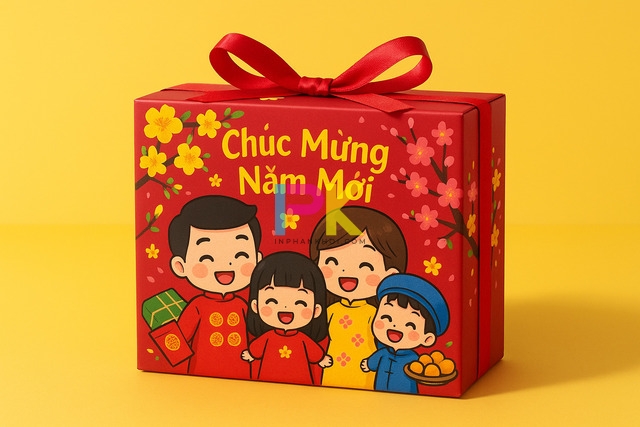 Bộ sưu tập mẫu hộp quà Tết sang trọng và cách in đẹp, chuẩn màu 7 Dòng hộp chibi vui tươi, phù hợp thương hiệu trẻ – F&B.