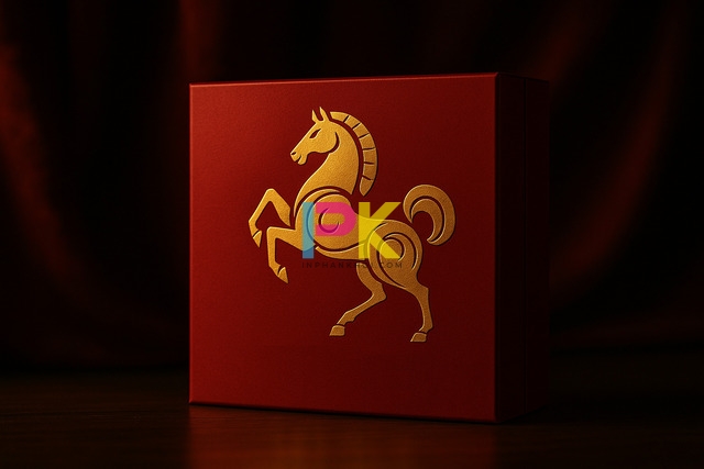 Bộ sưu tập mẫu hộp quà Tết sang trọng và cách in đẹp, chuẩn màu 6 Mẫu linh vật Ngựa Bính Ngọ – tông đỏ kim ấn tượng.