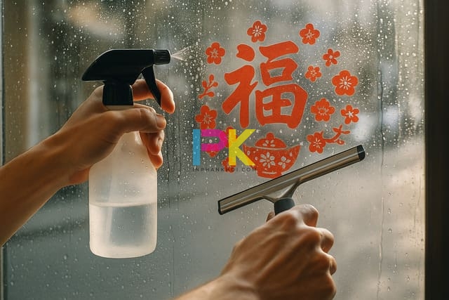 Quy trình dán decal Tết: xịt nước xà phòng – căn chỉnh – gạt bọt khí.