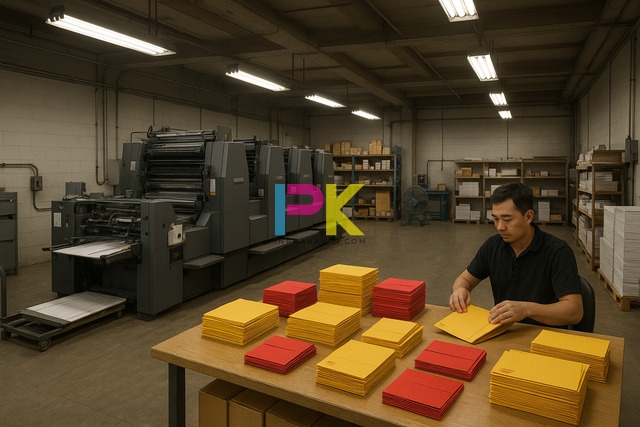 Máy in offset đang in phong bì lễ hầu đồng lấy liền tại Xưởng In Phan Khôi TP.HCM.