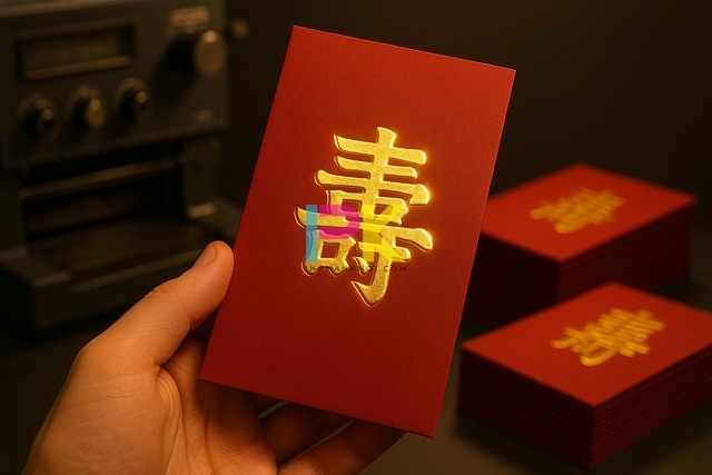 Phong bì mừng thọ ép kim và phủ UV tại Xưởng In Phan Khôi, màu đỏ ánh vàng sang trọng