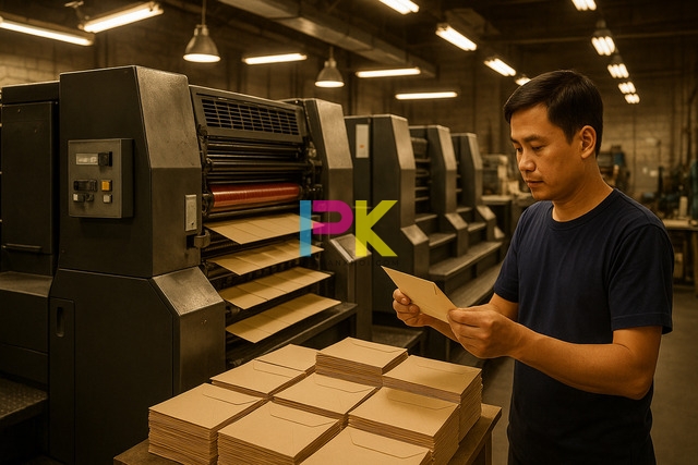 Máy in offset hoạt động tại Xưởng In Phan Khôi TP.HCM trong quá trình in phong bì thăm người ốm