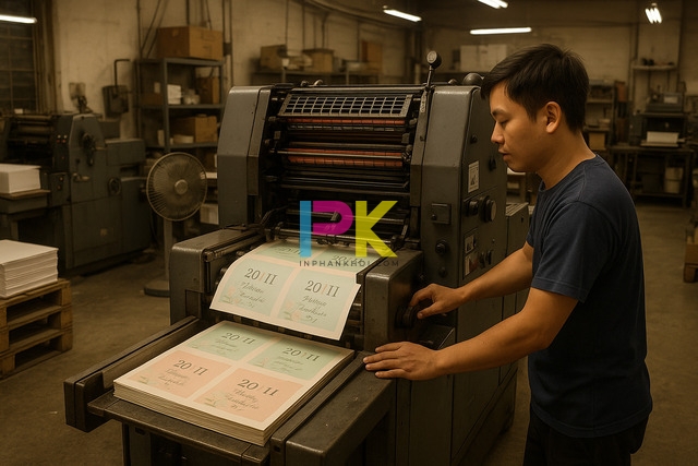 Máy in offset tại Xưởng In Phan Khôi đang in thiệp 20/11 khổ A4, công nhân kiểm tra màu in tại TP.HCM
