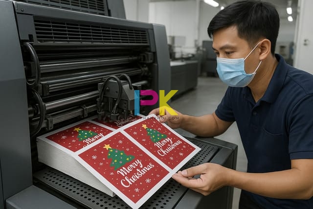 Máy in offset kỹ thuật số tại Xưởng In Phan Khôi đang in hàng loạt thiệp Giáng Sinh trên giấy A4 tại TP.HCM.