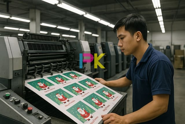 Nhân viên Xưởng In Phan Khôi tại TP.HCM đang vận hành máy in offset in thiệp Giáng Sinh chuẩn màu.