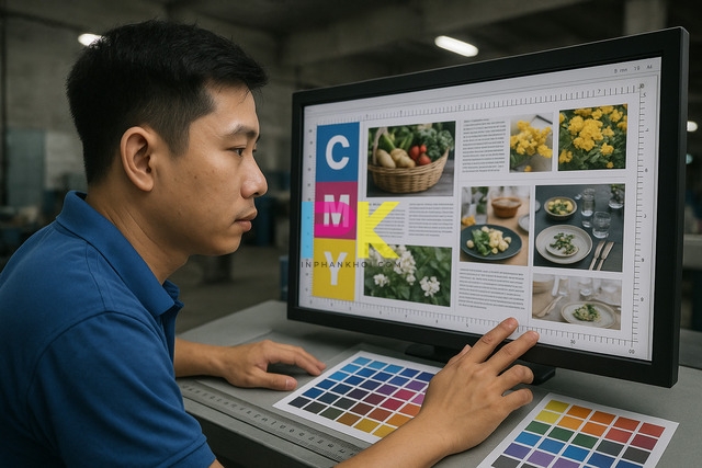 Kỹ thuật viên kiểm tra file thiết kế thiệp sinh nhật tại Xưởng In Phan Khôi