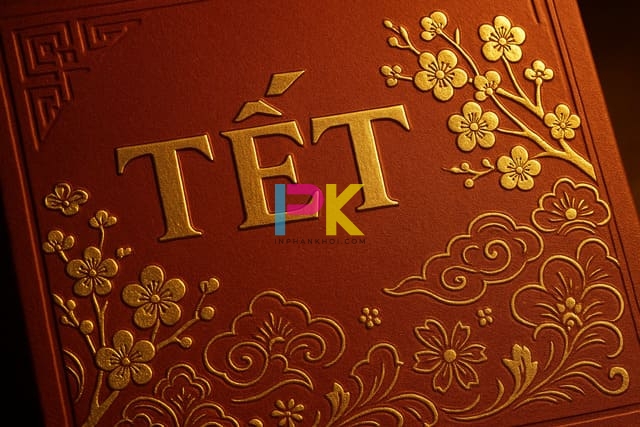 Bộ sưu tập mẫu hộp quà Tết sang trọng và cách in đẹp, chuẩn màu 10 Cận cảnh ép kim – dập nổi giúp hộp Tết trông sang hơn.