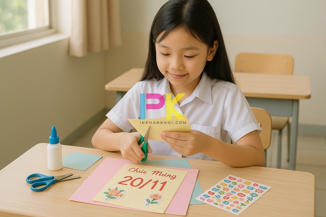 Học sinh đang làm thiệp 20/11 bằng giấy A4 tại bàn học, sử dụng kéo và keo dán, ánh sáng tự nhiên