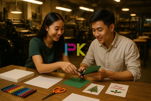 Nhân viên Xưởng In Phan Khôi đang hướng dẫn cách làm thiệp Giáng Sinh bằng giấy A4 tại bàn thiết kế TP.HCM.