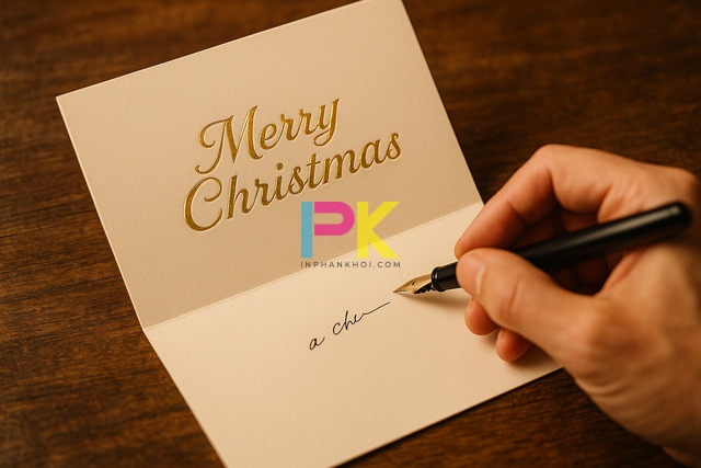 Lời chúc Giáng Sinh in sẵn trên thiệp Noel do Xưởng In Phan Khôi thiết kế, font chữ mềm mại, màu đỏ – vàng ấm áp.