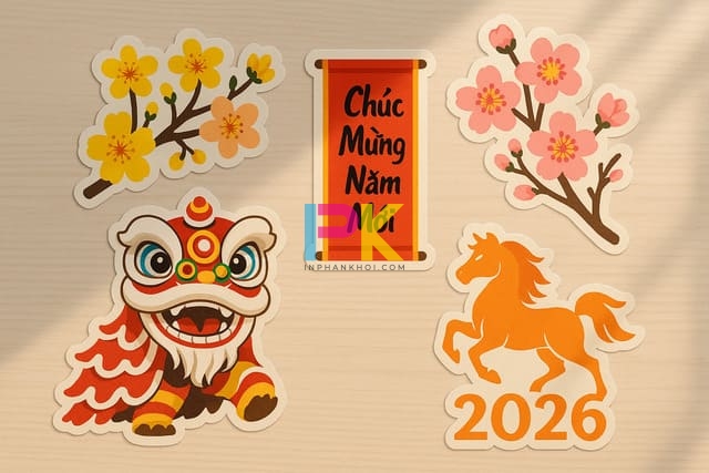 Các mẫu decal Tết 2026 phổ biến: hoa mai, đào, lân, linh vật Bính Ngọ.