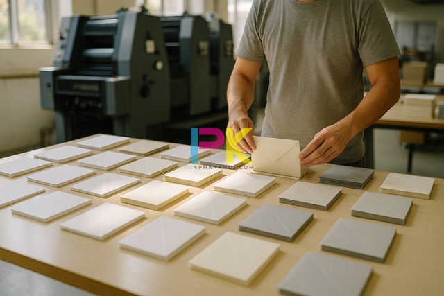 Nhân viên Xưởng In Phan Khôi sắp xếp các mẫu phong bì đám giỗ trang nhã tại TP.HCM