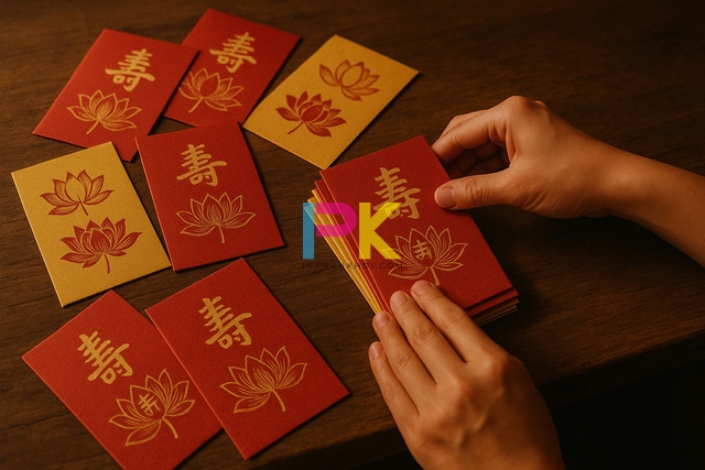 Mẫu phong bì mừng thọ ông bà cha mẹ in họa tiết hoa sen và chữ Thọ tại Xưởng In Phan Khôi