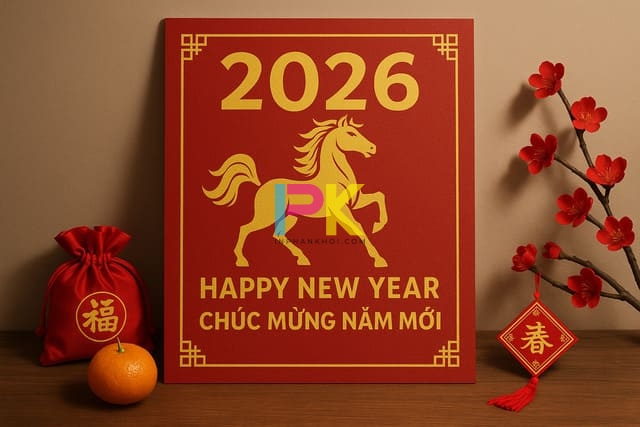 Mẫu poster Tết 2026 – bố cục nổi bật, đúng tinh thần Bính Ngọ.