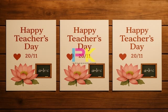 Bộ sưu tập mẫu thiệp 20/11 A4 in sẵn tại Xưởng In Phan Khôi, gồm mẫu hoa sen, trái tim và phấn bảng
