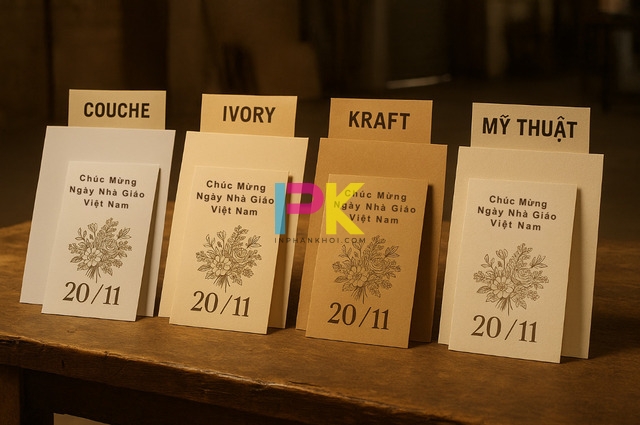 Mẫu giấy Couche, Ivory, Kraft, Mỹ thuật dùng in thiệp 20/11 tại Xưởng In Phan Khôi