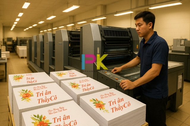 Nhân viên đang in thiệp chúc mừng 20/11 đẹp bằng máy in offset tại Xưởng In Phan Khôi TP.HCM