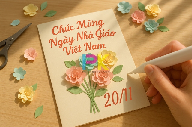 Mẫu thiệp chúc mừng 20/11 handmade hoa nổi 3D được in nền sẵn tại Xưởng In Phan Khôi