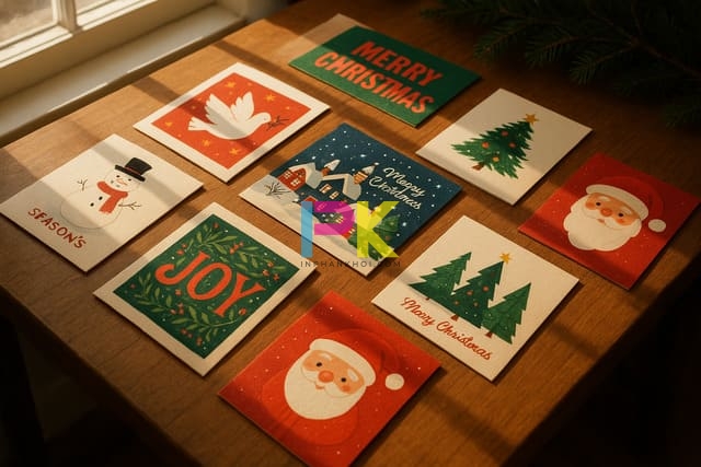 Bộ mẫu thiệp Giáng Sinh bằng giấy A4 gồm cây thông, người tuyết, hộp quà – thiết kế bởi Xưởng In Phan Khôi TP.HCM.