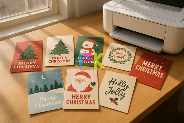 Bộ mẫu thiệp Giáng Sinh 2025 được in tại Xưởng In Phan Khôi TP.HCM, thiết kế nhiều phong cách từ hiện đại đến vintage.