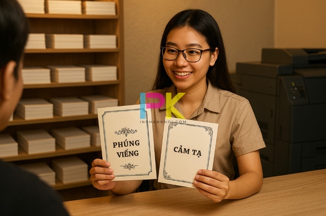Nhân viên tư vấn Xưởng In Phan Khôi đang giới thiệu mẫu phong bì đám ma cho khách tại TP.HCM