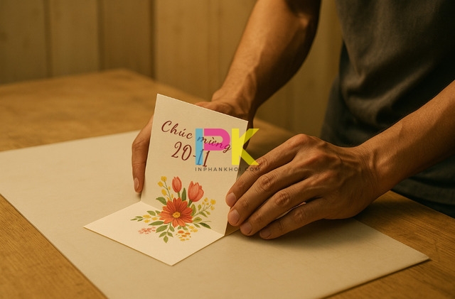 Nhân viên Xưởng In Phan Khôi đang cắt gấp thiệp 20/11 bằng giấy A4 sau khi in, ánh sáng tự nhiên tại xưởng TP.HCM