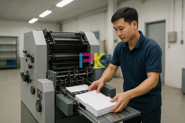 Máy in offset tại Xưởng In Phan Khôi đang in phong bì đám ma màu trắng kem