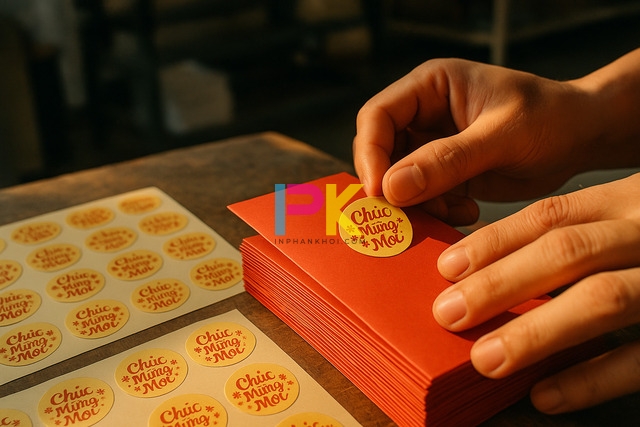 Sticker mini 3–4 cm – kích thước chuẩn cho bao lì xì.