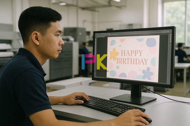 Nhân viên thiết kế thiệp sinh nhật trên máy tính tại Xưởng In Phan Khôi TP.HCM