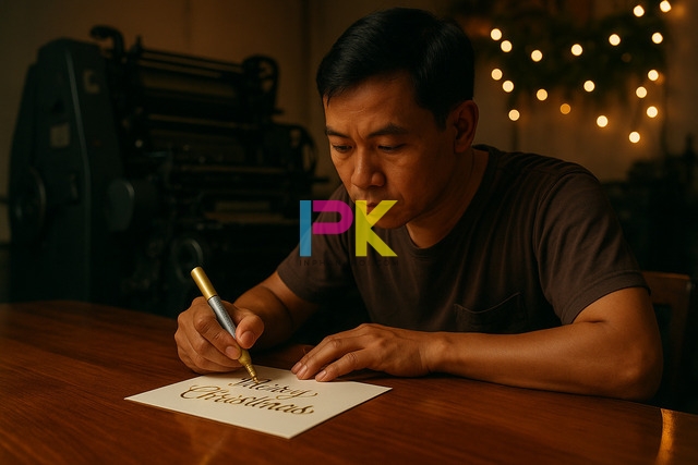 Nhân viên Xưởng In Phan Khôi trang trí thiệp Giáng Sinh bằng giấy A4 với kim tuyến và bút nhũ tại TP.HCM.