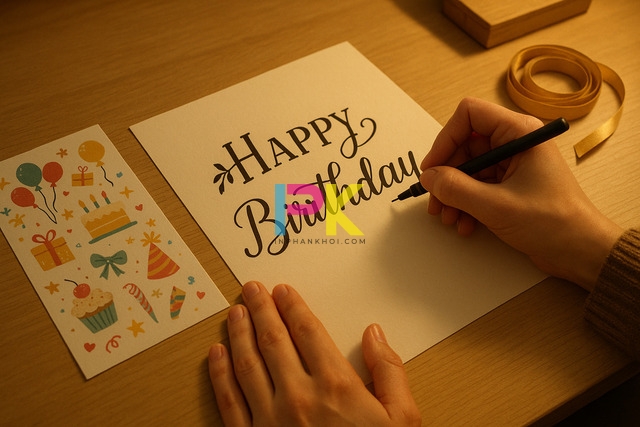 Hướng dẫn chi tiết cách làm thiệp sinh nhật bằng giấy A4 đơn giản tại nhà 4 Mẫu thiệp sinh nhật A4 được trang trí bằng bút màu và sticker tại Xưởng In Phan Khôi.