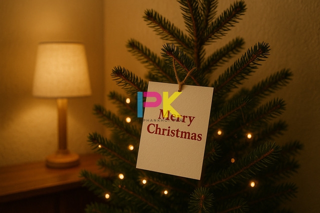 Thiệp Giáng Sinh handmade từ giấy A4 được trưng bày trên cây thông Noel tại Xưởng In Phan Khôi TP.HCM.