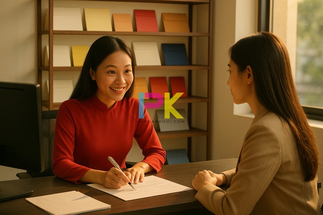 Nhân viên Xưởng In Phan Khôi tư vấn khách hàng in phong bì mừng thọ lấy liền tại TP.HCM