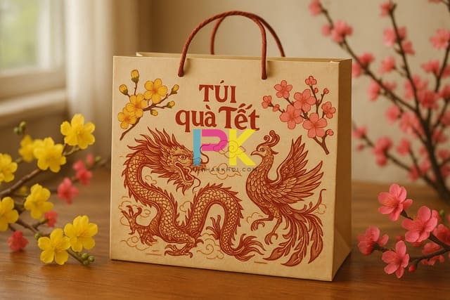 Túi Tết phong cách truyền thống, màu đỏ – vàng may mắn.