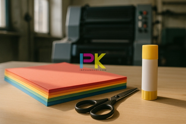 Bàn làm việc với giấy A4 màu đỏ, xanh, vàng và dụng cụ làm thiệp Noel tại Xưởng In Phan Khôi TP.HCM.