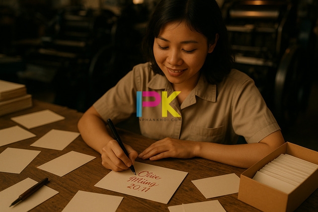 Nhân viên Xưởng In Phan Khôi đang viết thiệp chúc mừng 20/11 bằng bút mực xanh tại bàn in offset TP.HCM.
