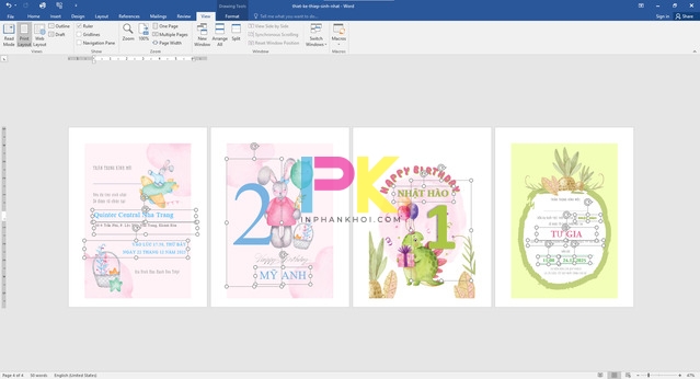 File word thiết kế thiệp sinh nhật sẵn dễ chỉnh chữ, thời gian và địa điểm.