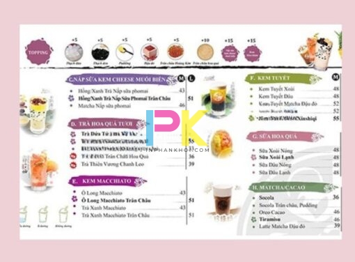 In menu quán trà sữa lấy ngay