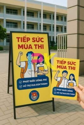 Standee cổ động mùa thi dựng tại cổng trường cùng tờ rơi phát tay