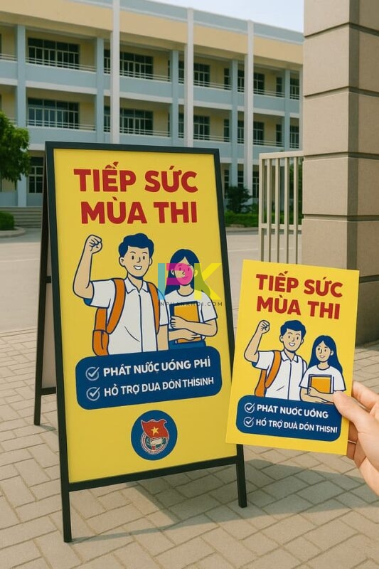 Standee cổ động mùa thi dựng tại cổng trường cùng tờ rơi phát tay