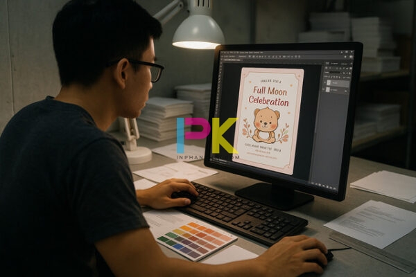 Nhân viên Xưởng In Phan Khôi kiểm tra file in thiệp mời đầy tháng trên màn hình máy tính