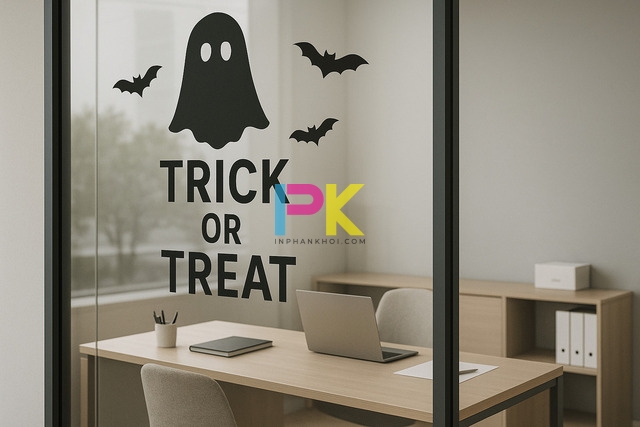 Mẫu decal Halloween 2025 – Ý tưởng trang trí cửa kính nổi bật & tiết kiệm 5 Decal Halloween tối giản cho văn phòng – chữ Trick or Treat và hình dơi đen