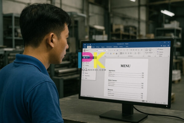 Kỹ thuật viên Xưởng In Phan Khôi đang kiểm tra file menu Word trước khi in